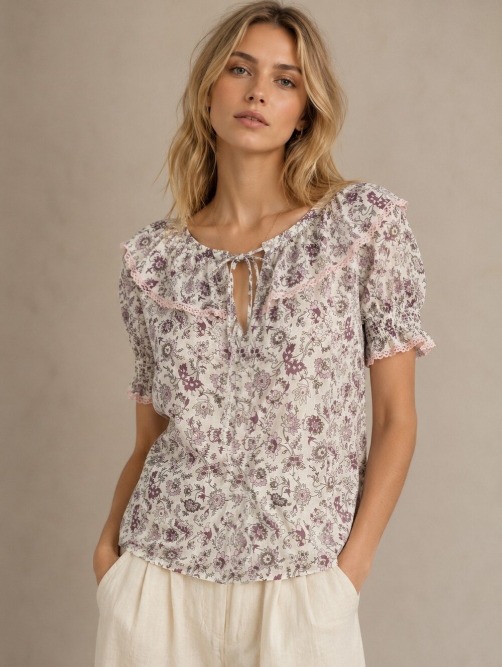 Aritzia Wilfred Amyris Floral Sheer Blouse Puff Short Sleeves Cottagecore Boho